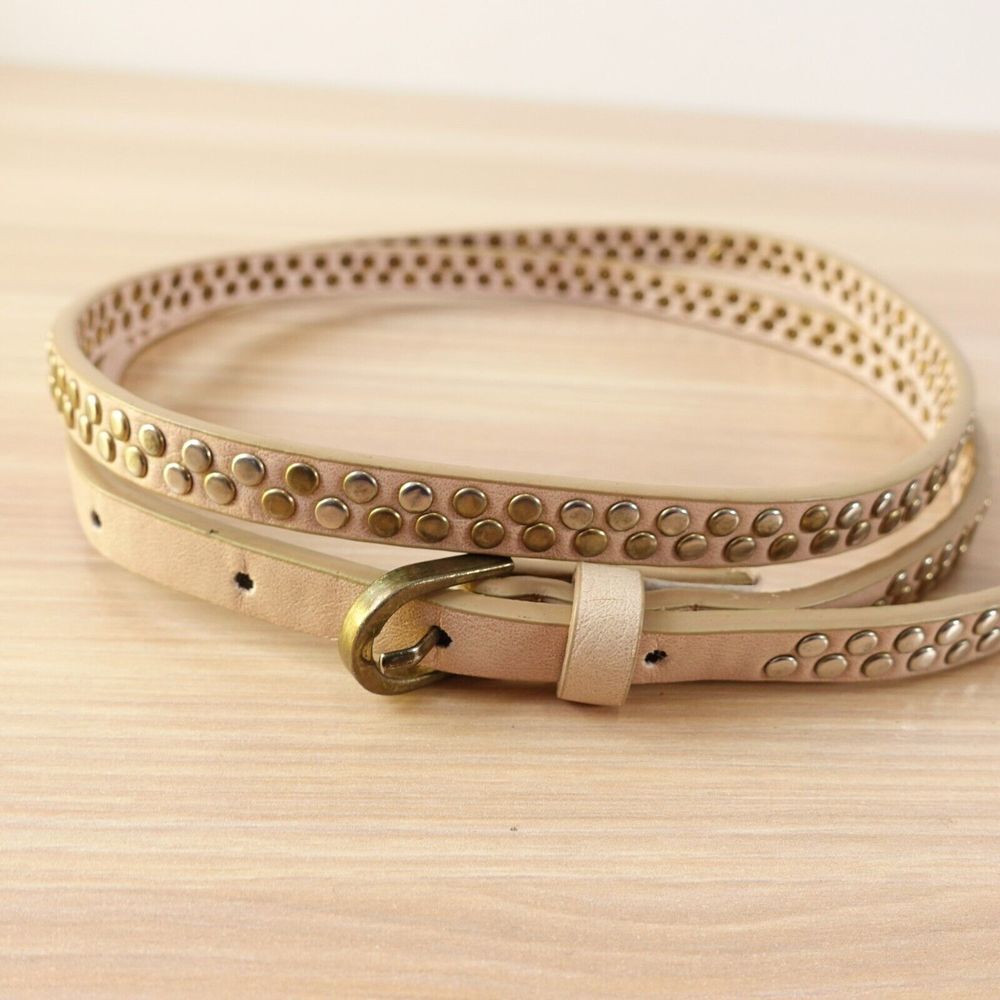 Retro Y2K Studded Belt Womens M Boho Chic Indie Neutral Beige Slim‎ Faux Leather